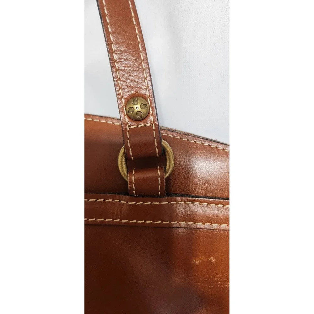 Patricia Nash Poppy Cognac Brown Leather Shoulder Bag Tote Contrast Stitching
